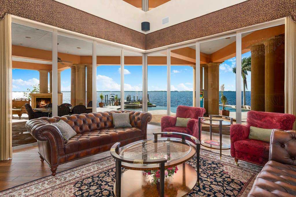 1120 Wales Drive - Mansion Interior of Family Room with Views into Caloosahatchee River