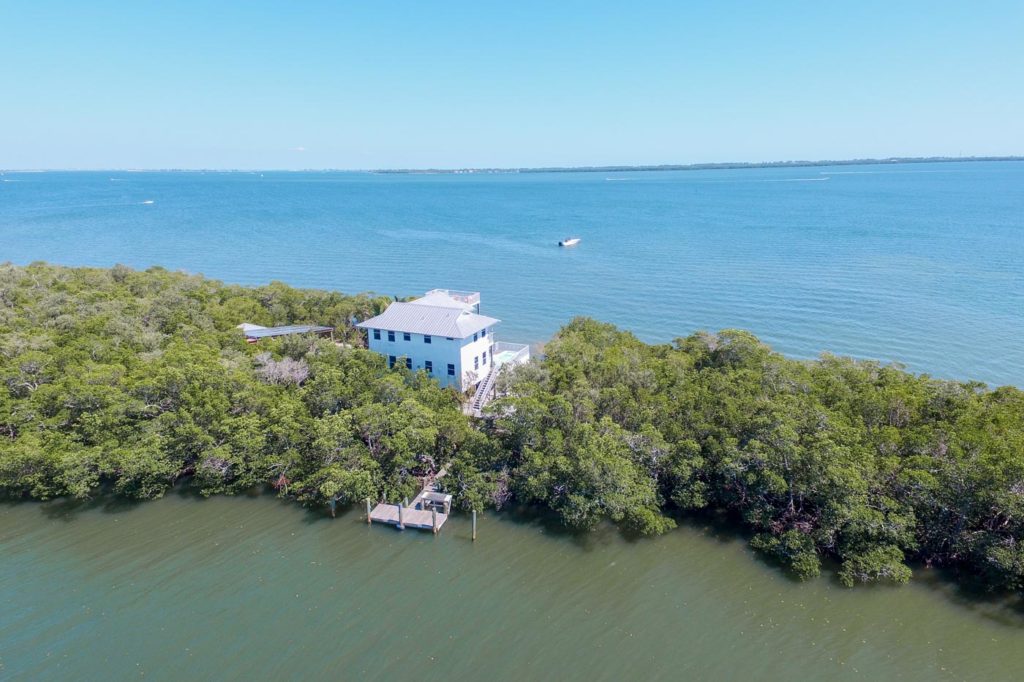 1 Crescent Island - Arial View of Back of Beach Mansion and Ocean Property, Closer View