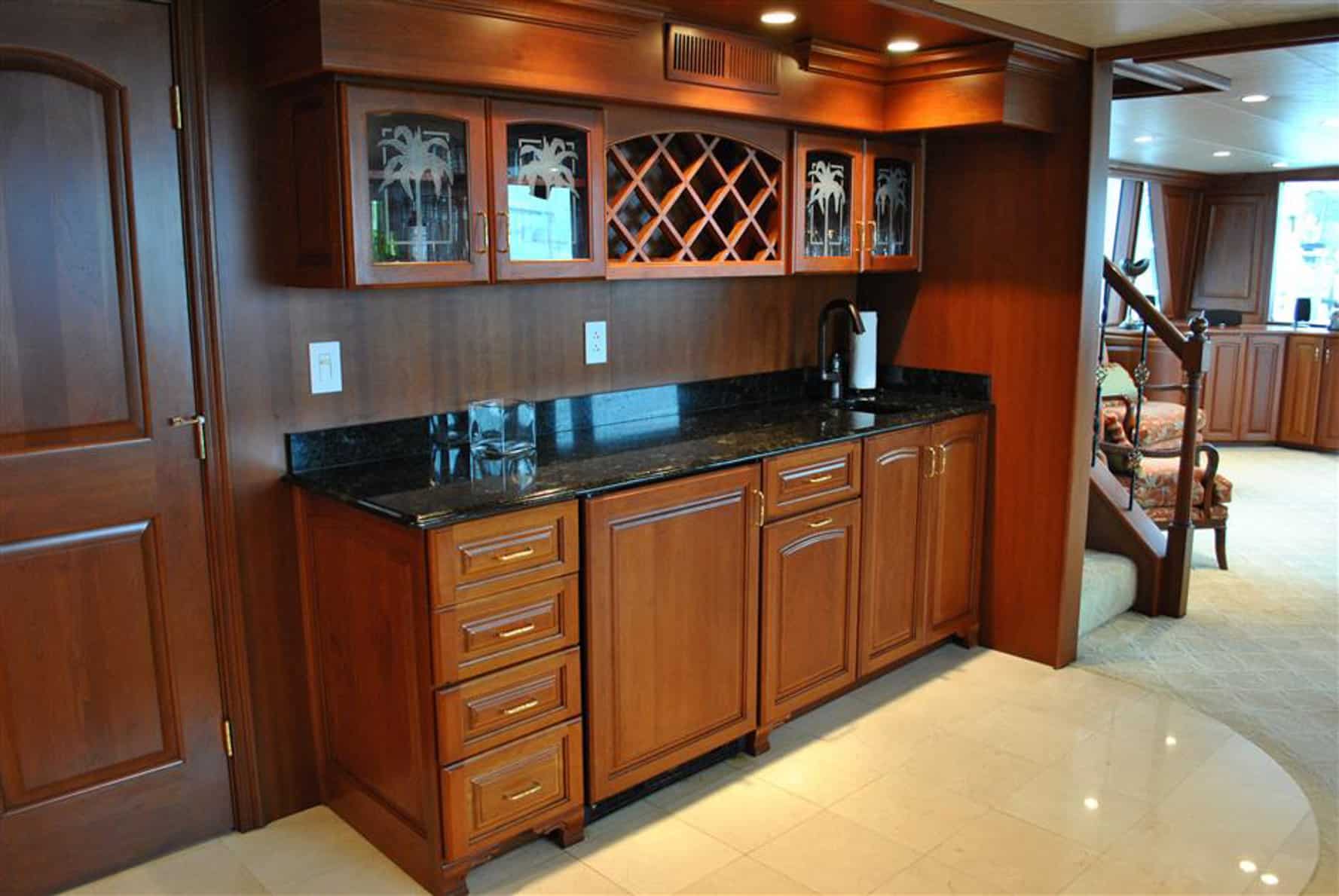 Jenny Lynne 87 Voyager - Luxury Yacht Interior Wet Bar and Wine Rack