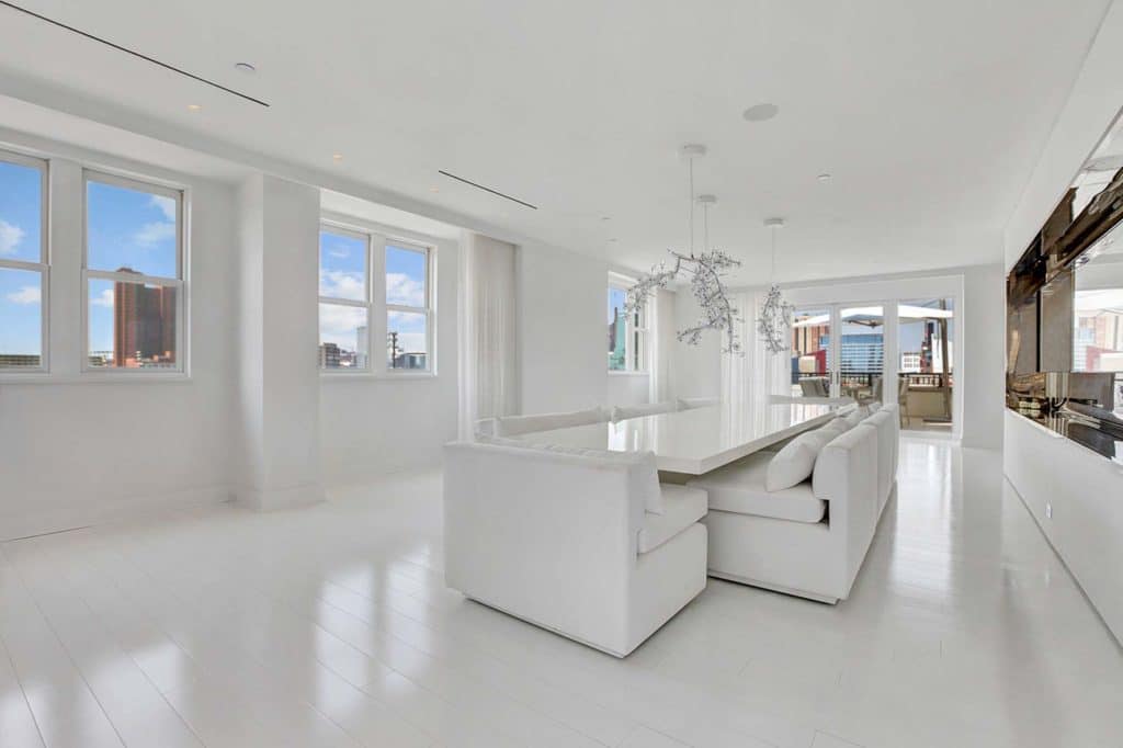 801 Key Hwy - Modern All White Luxury Apartment Kitchen Table, Closer View
