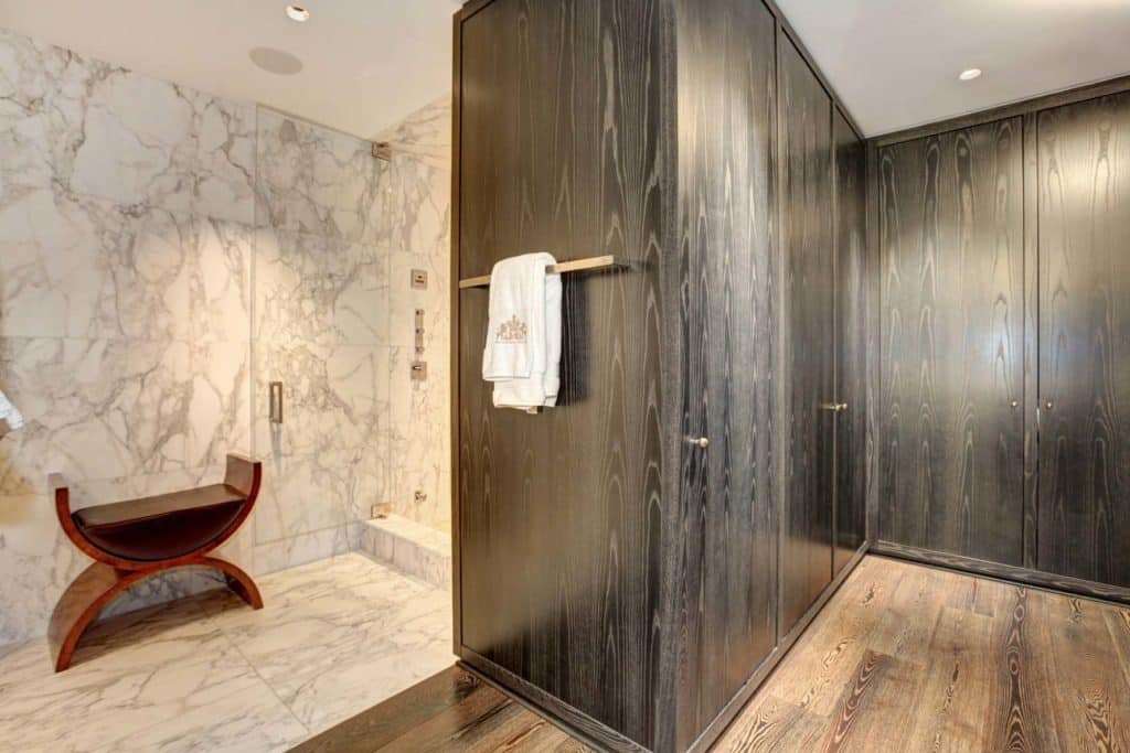 801 Key Hwy - Luxury Apartment Wood Paneled Bathroom with Marble Shower, Closer View